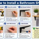 Checking a wall-mounted bathroom shelf with a bubble level to confirm it is straight after installation