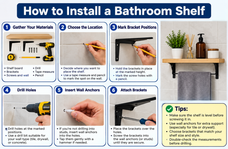 Checking a wall-mounted bathroom shelf with a bubble level to confirm it is straight after installation