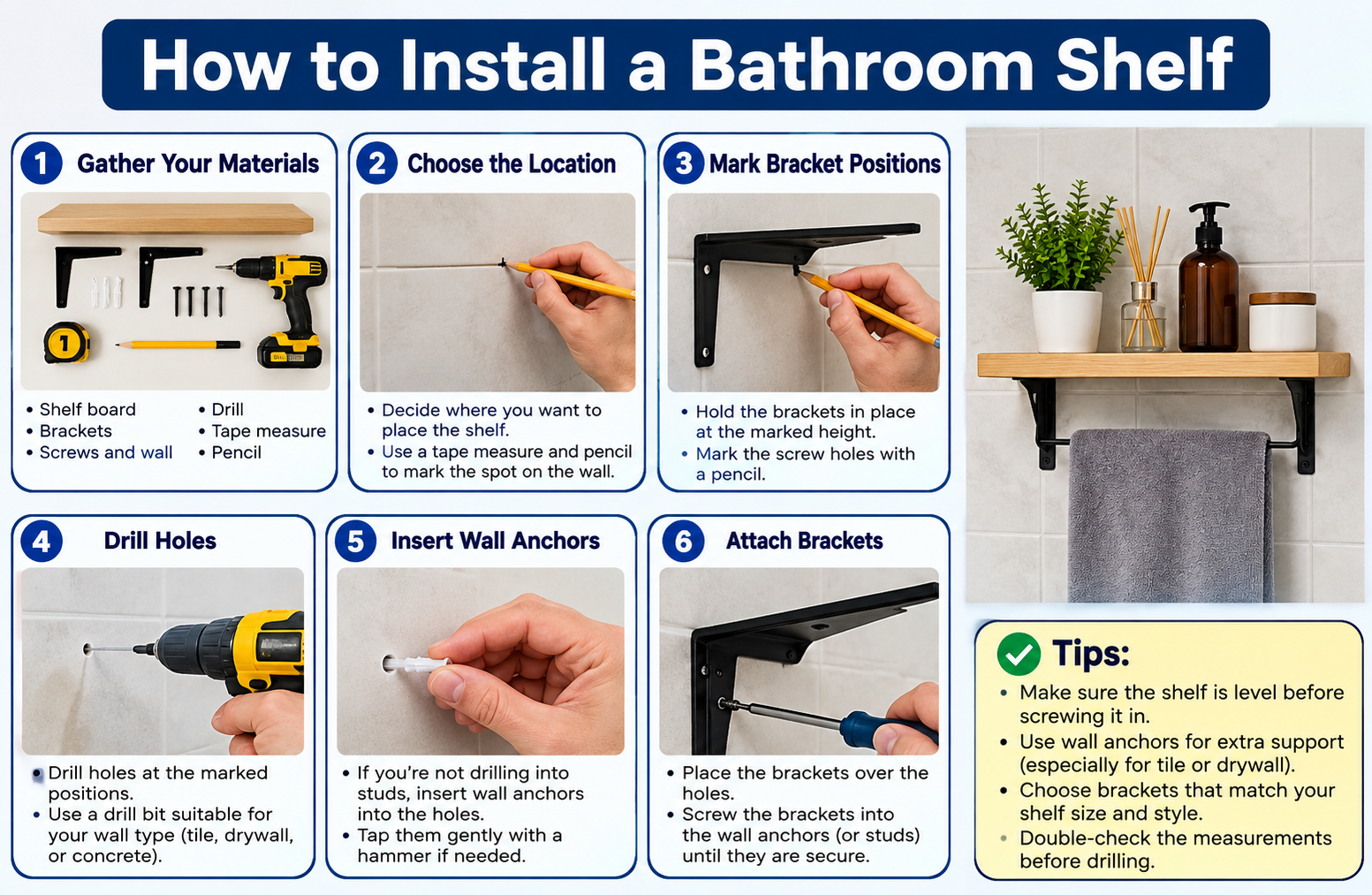 Checking a wall-mounted bathroom shelf with a bubble level to confirm it is straight after installation